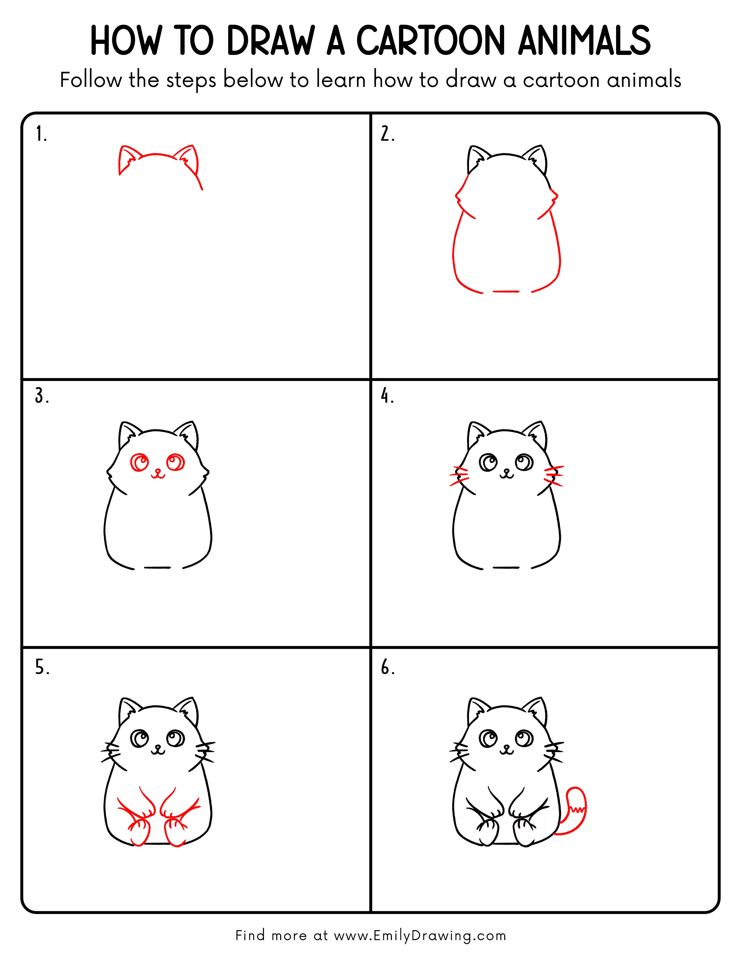 Printable Cartoon Animals Drawing Guide